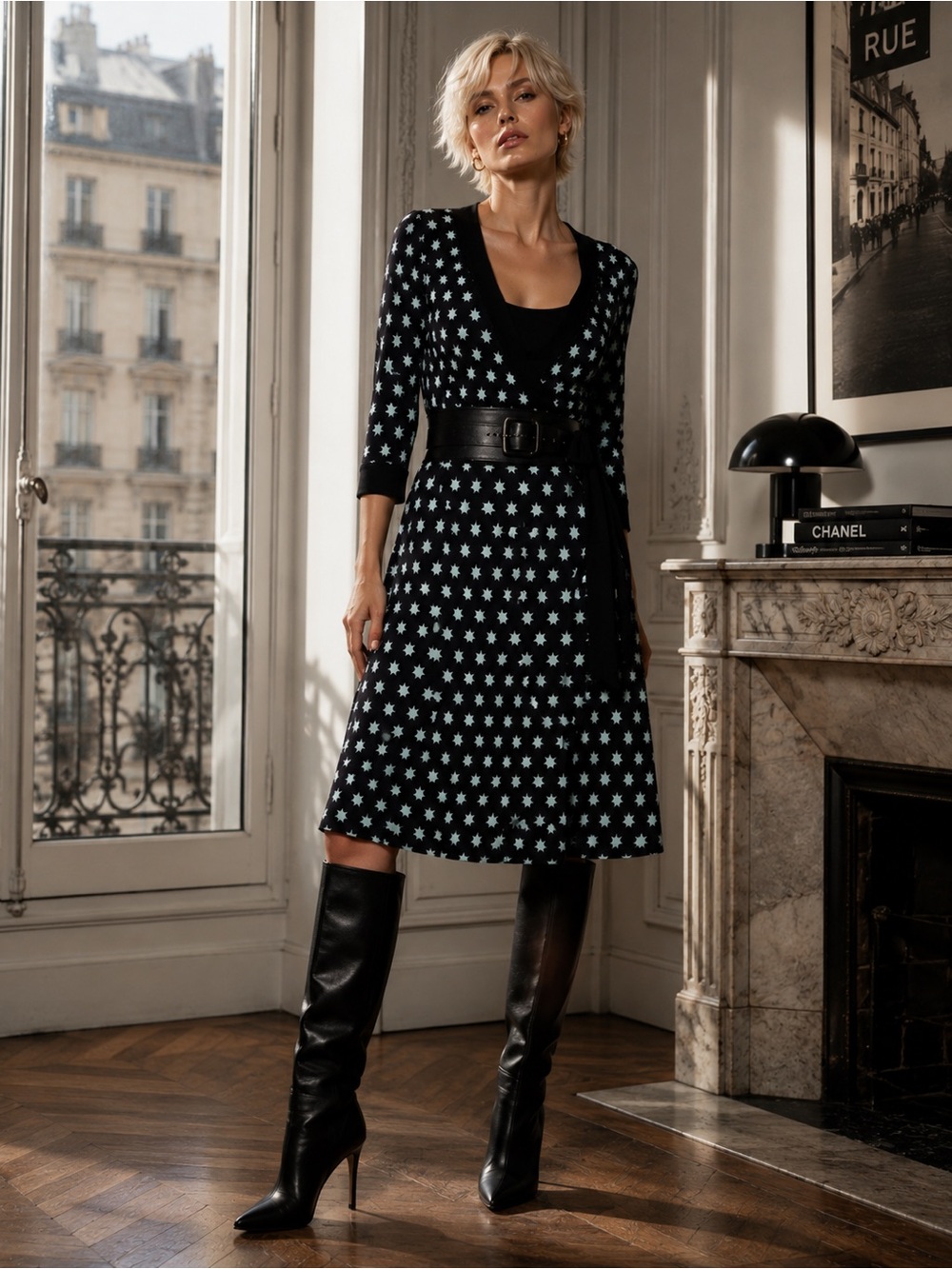 Diane von Furstenberg DVF Rare Taurus Silk Wrap Dress Star Print Black Blue
Sz 6